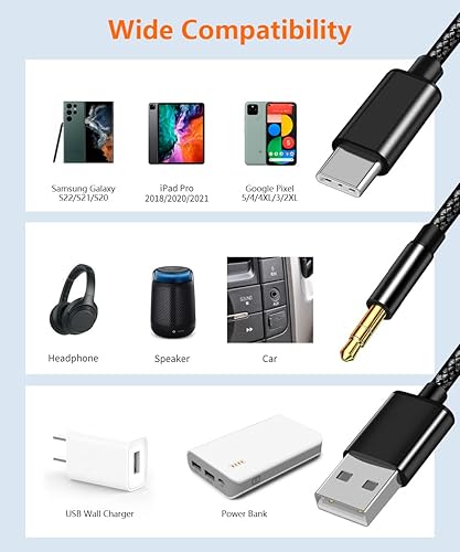 Miniatura 2 de Cable auxiliar USB C a 0.138 in para automóvil, 2 en 1, USB C a 0.138 in, cable auxiliar para auriculares estéreo para automóvil con carga USB C