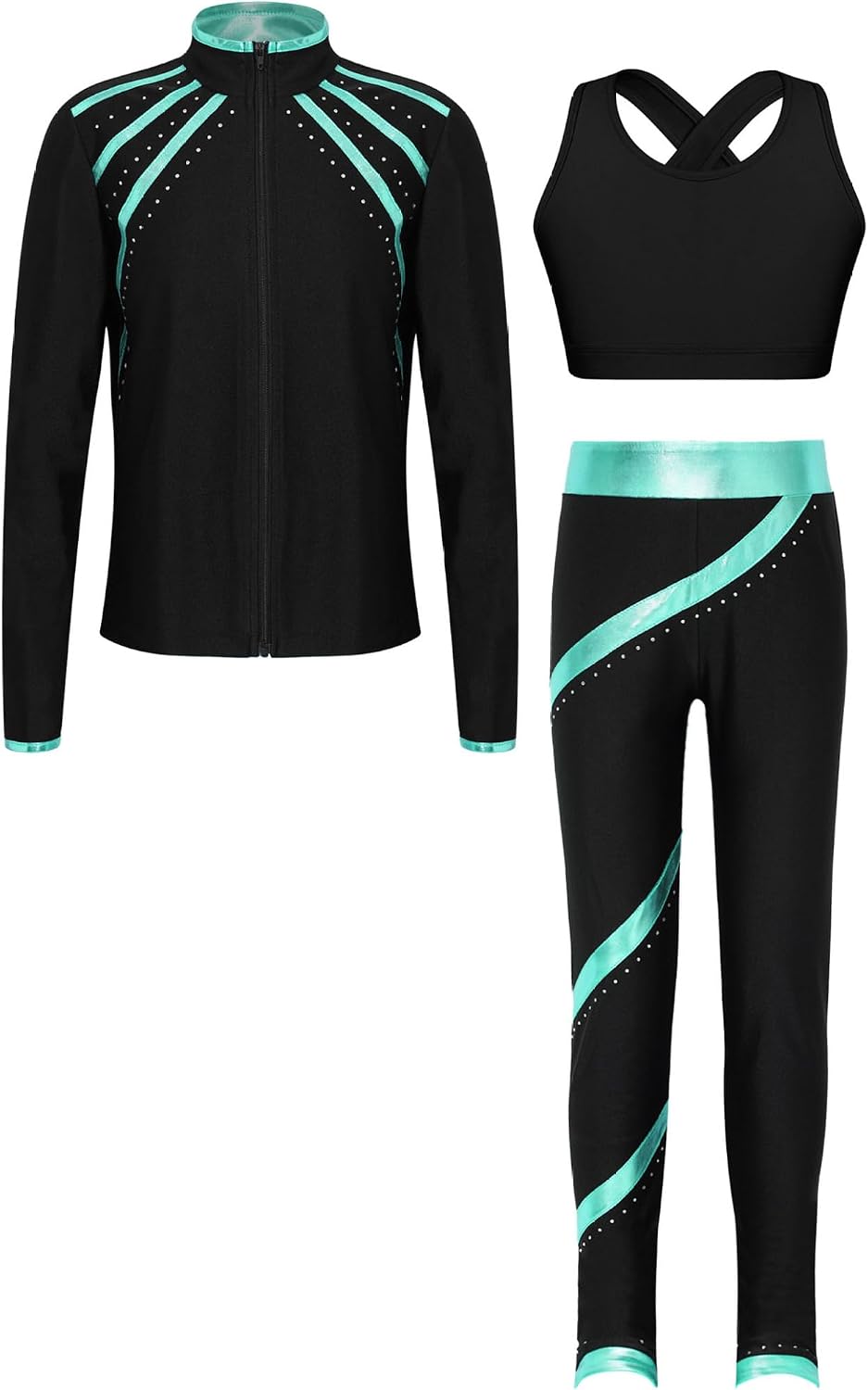 Kids Girls 3Pcs Skating Gymnastics Performance Sportsuit Sleeveless Crop Top Zipper Jacket and Leggings Set