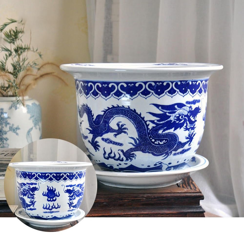 Niebieski i biały smok ceramiczna donica z podstawką, porcelanowa doniczka Jingdezhen, duża doniczka do domu / biura (21 cm x 16 cm)