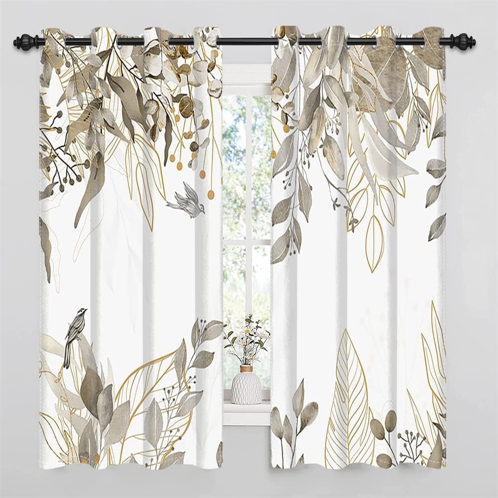 Gardinen Eukalyptus, Vorhänge Grau Blätter Blumenmuster Ösenvorhang Blickdicht Thermogardinen Fensterschal Verdunklungsvorhänge für Wohnzimmer Schlafzimmer Kinderzimmer, 2er Set, 135Bx215Hcm