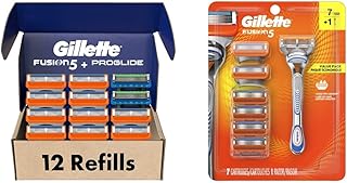 Gillette Men's Razor Blade Refills, 10 Fusion 5 Cartridges, 2 ProGlide Cartridges, Blue,Orange,Green, 1 Count (Pack of 12) & Fusion5 Mens Razor, Includes 1 Handle, 7 Razor Blade Refills
