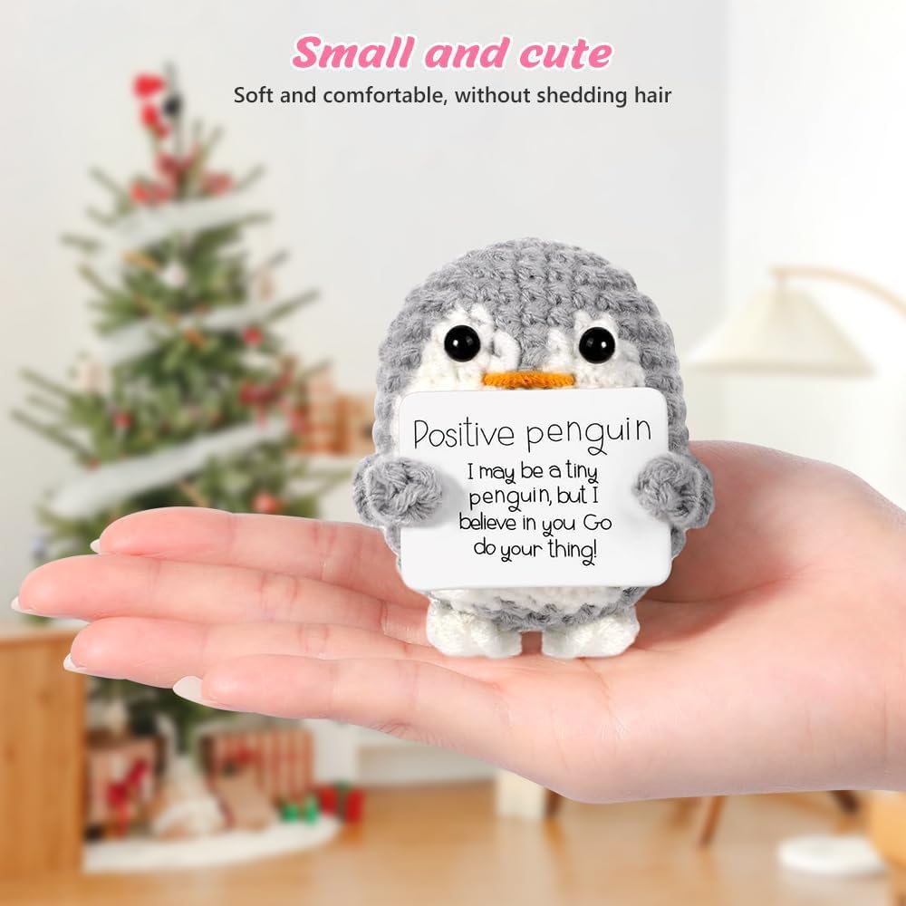 CAREOR Positive Penguin, 2.6 Inch Knitted Toy, Handmade Mini Funny Crochet Doll with Positive Cards - Image 3