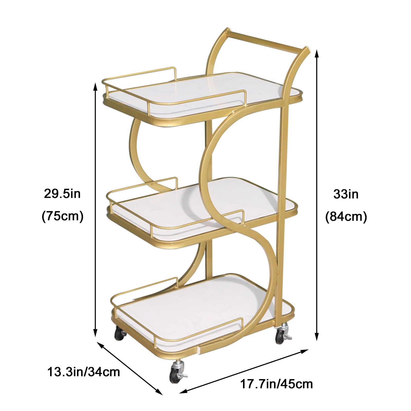 Carrello da Bar per la casa Carrello da Servizio per la Preparazione del Cibo Tavolo in Acciaio Inossidabile Carrello da Bar per la casa a 3 Livelli con Ruote,Oro-45 * 34 * 84CM