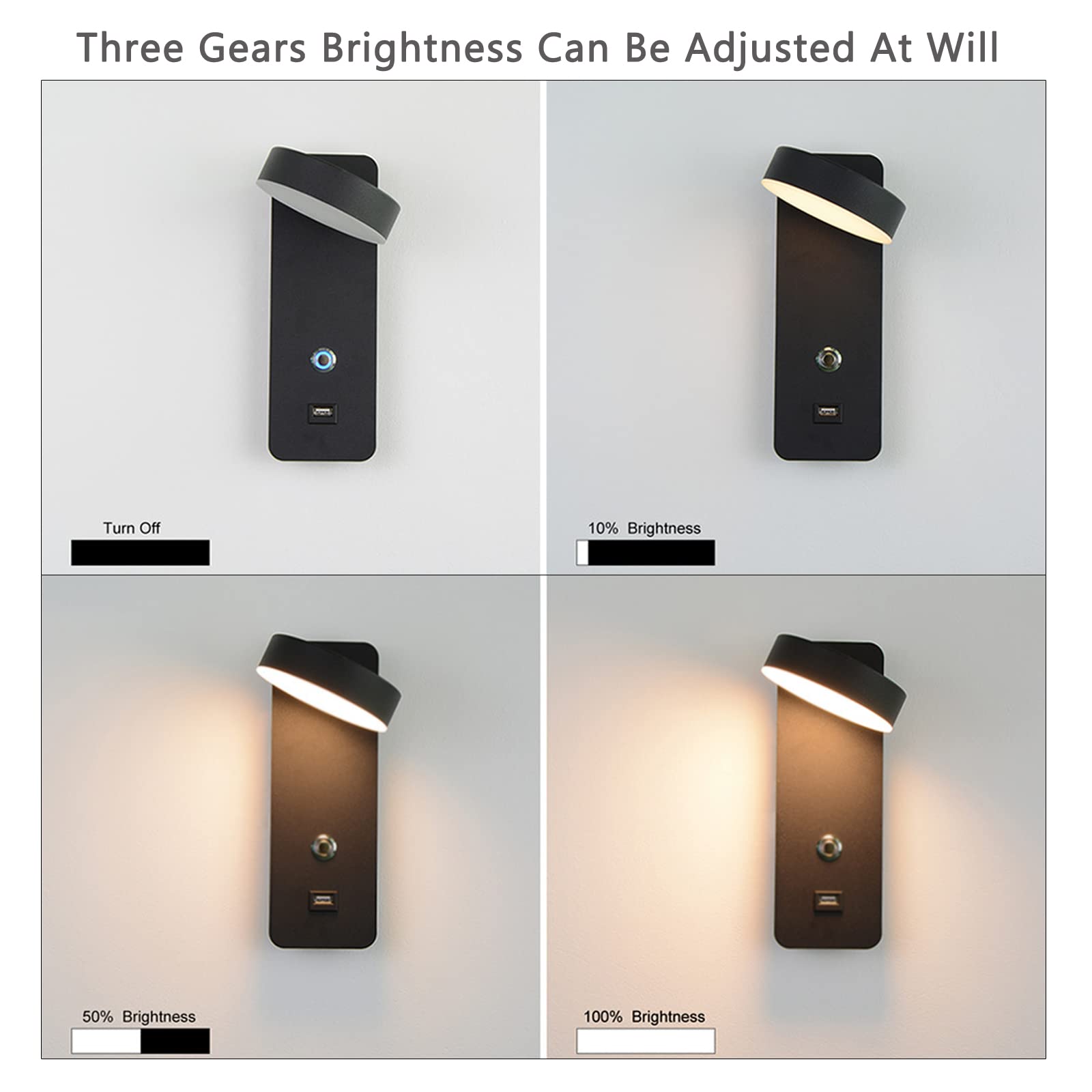 Applique LED Da Parete Dimmerabile Con Porta USB E Testa Girevole 350° – 9W Luce Calda 3000K, Nera, Per Camera E Hotel