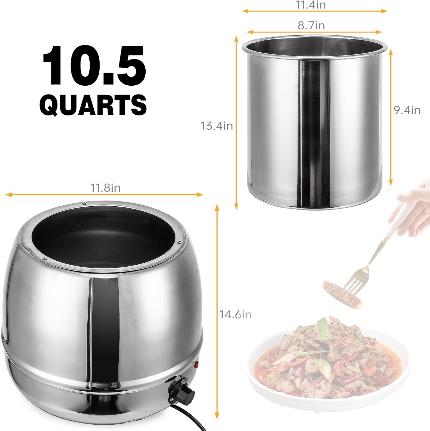 Commercial Soup Warmer, 10.5QT Soup Kettle with Hinged Lid and Detachable Stainless Steel Insert Pot, Suitable for Family Gatherings, Parties, Restaurants, and Buffets, Sliver