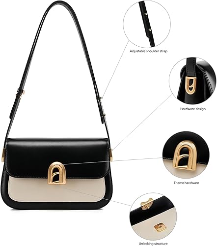 Miniatura 6 de LAFESTIN Genuine Leather Shoulder Bag for Women with Adjustable Strap, Crossbody Purses For Women, Designer Inspire Handbags negro, marfil (Black