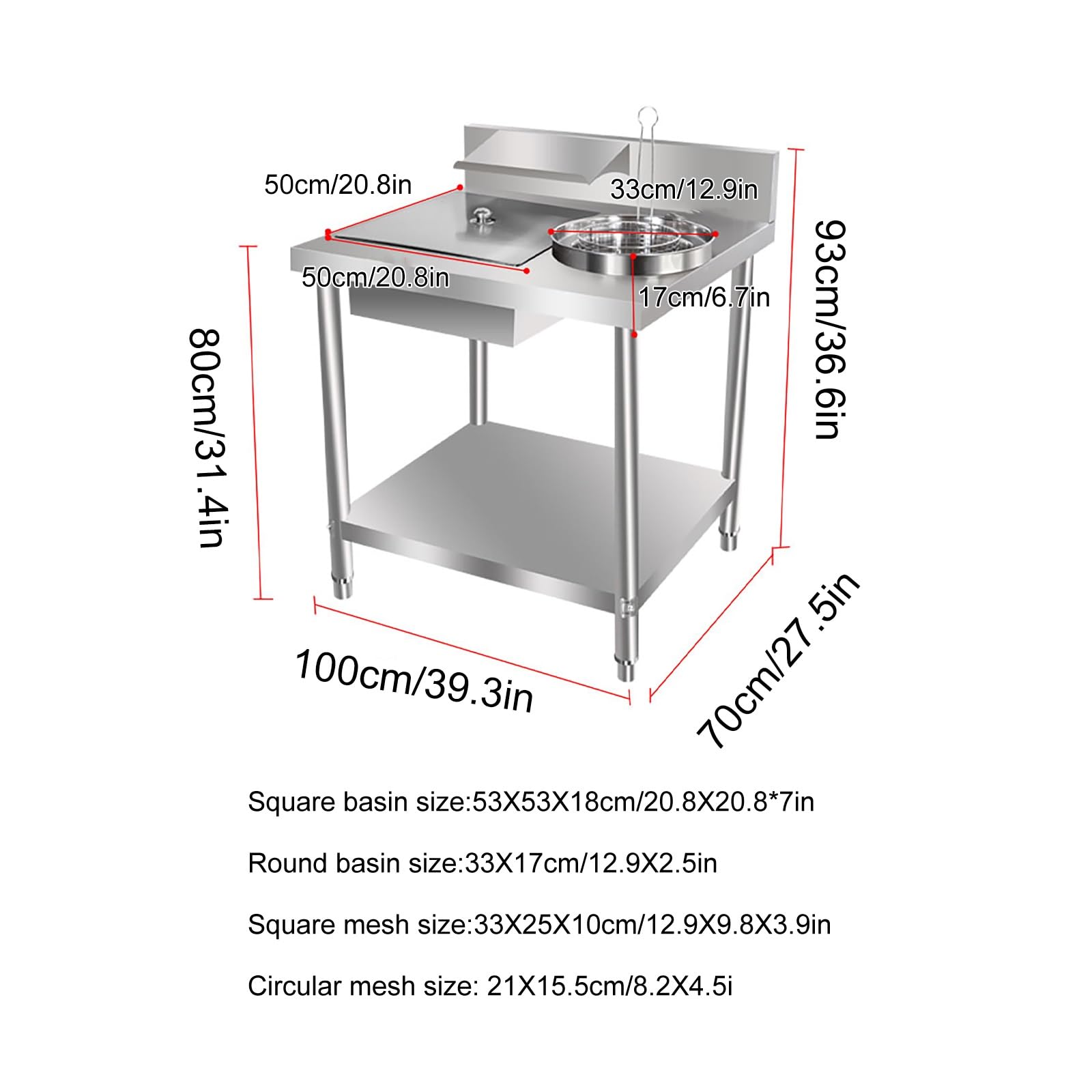 Comercial inless - Mesa de preparación de pollo frito y patatas fritas para restaurantes, hogares, hoteles - Incluye contenedor y cesta (tamaño: 100 x 70 x 93 cm)