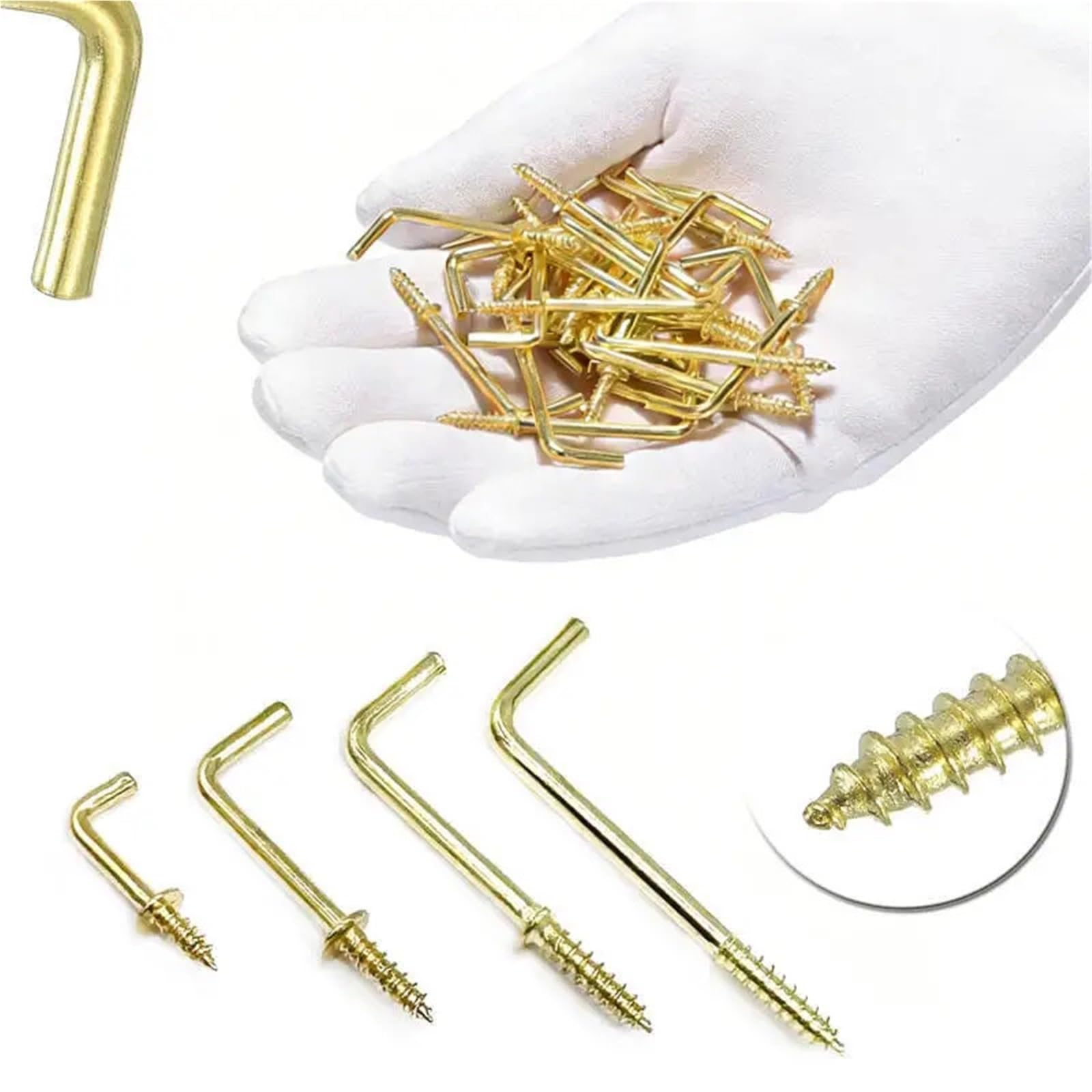 Ganchos En L De Tornillo 50/30/10pcs0mm 38mm 42mm 53mm ganchos de tornillo en forma L 2 autorroscantes ángulo recto dorado for colgar(Length 42mm,50Pcs)
