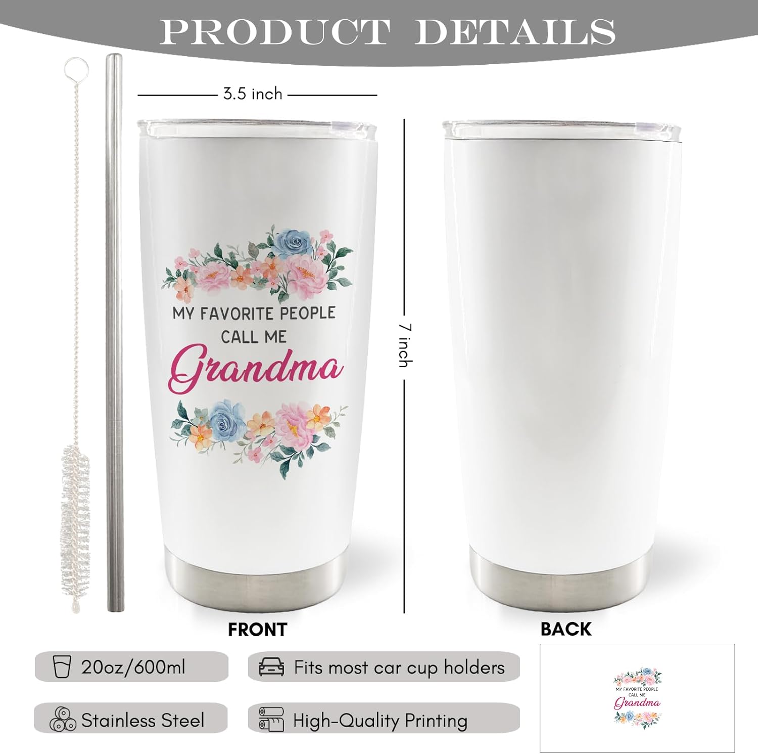 Grandma 20oz Travel Coffee Mug Tumbler, Mother's Day Birthday Gifts from Grandkids,My Favorite People Call Me Grandma Floral Water Stainless Steel Tumbler with Lid and Straw Drinkware - Image 7