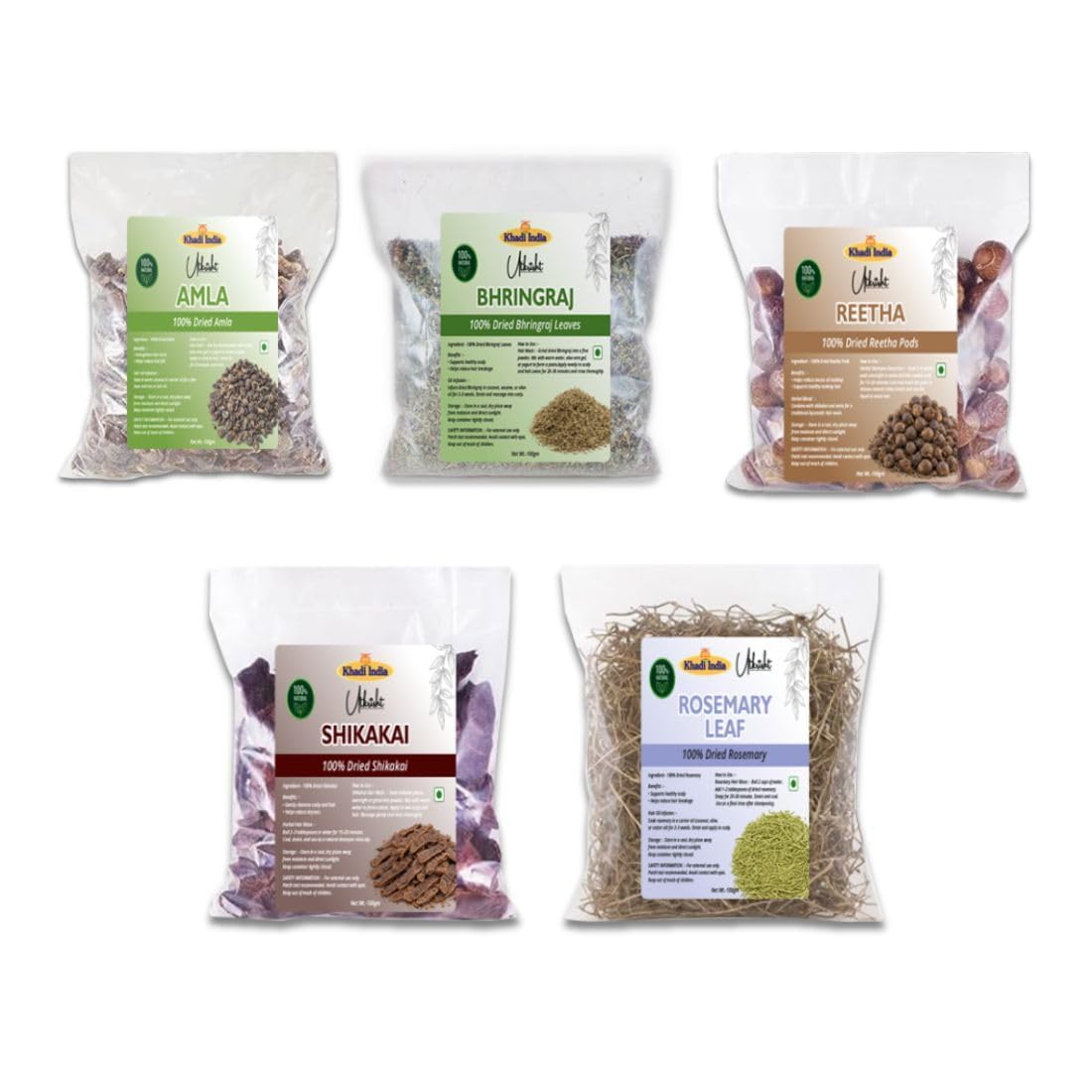 Khadi Dried Amla, Bhringraj, Shikakai, Reetha & Rosemary Combo for Hair Care | Natural Herbal Ingredients for Hair Wash, Hair Oil & DIY Hair Treatments - Pack of 5-picture-18