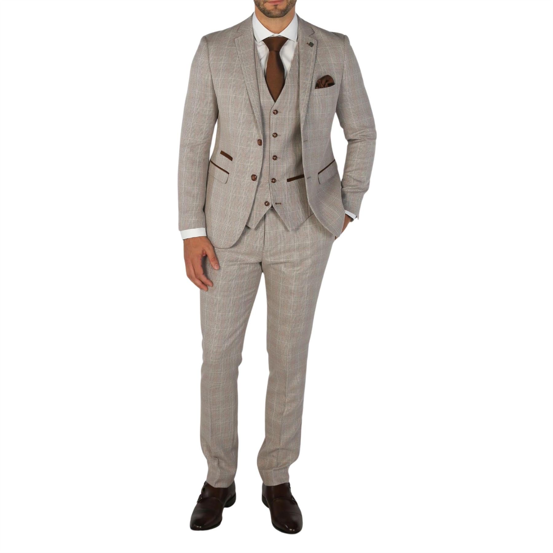 Truclothing Men's Beige Suit 3 Piece Checked Tailored Fit Formal Dress - 48