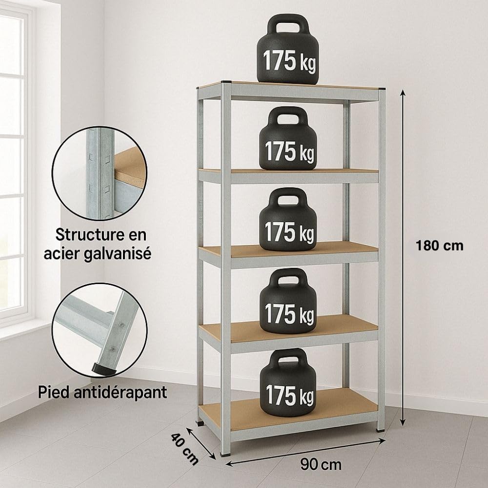 Étagère Rangement, 90 x 180 cm - Étagère Garage, Modulable, Métal Galvanisé, 5 Niveaux - Étagère Charge Lourde, 175 kg/Plateau - Établi Atelier Garage - Montage Sans Vis - 40 cm - Gris