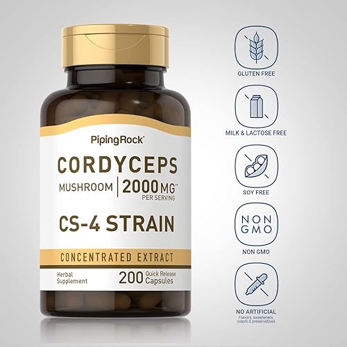 Miniatura 3 de Piping Rock Cordyceps - Cápsulas de hongos de 2000 mg | 200 unidades | cepa CS-4 | Extracto concentrado | Suplemento de hierbas | Sin OMG, sin gluten