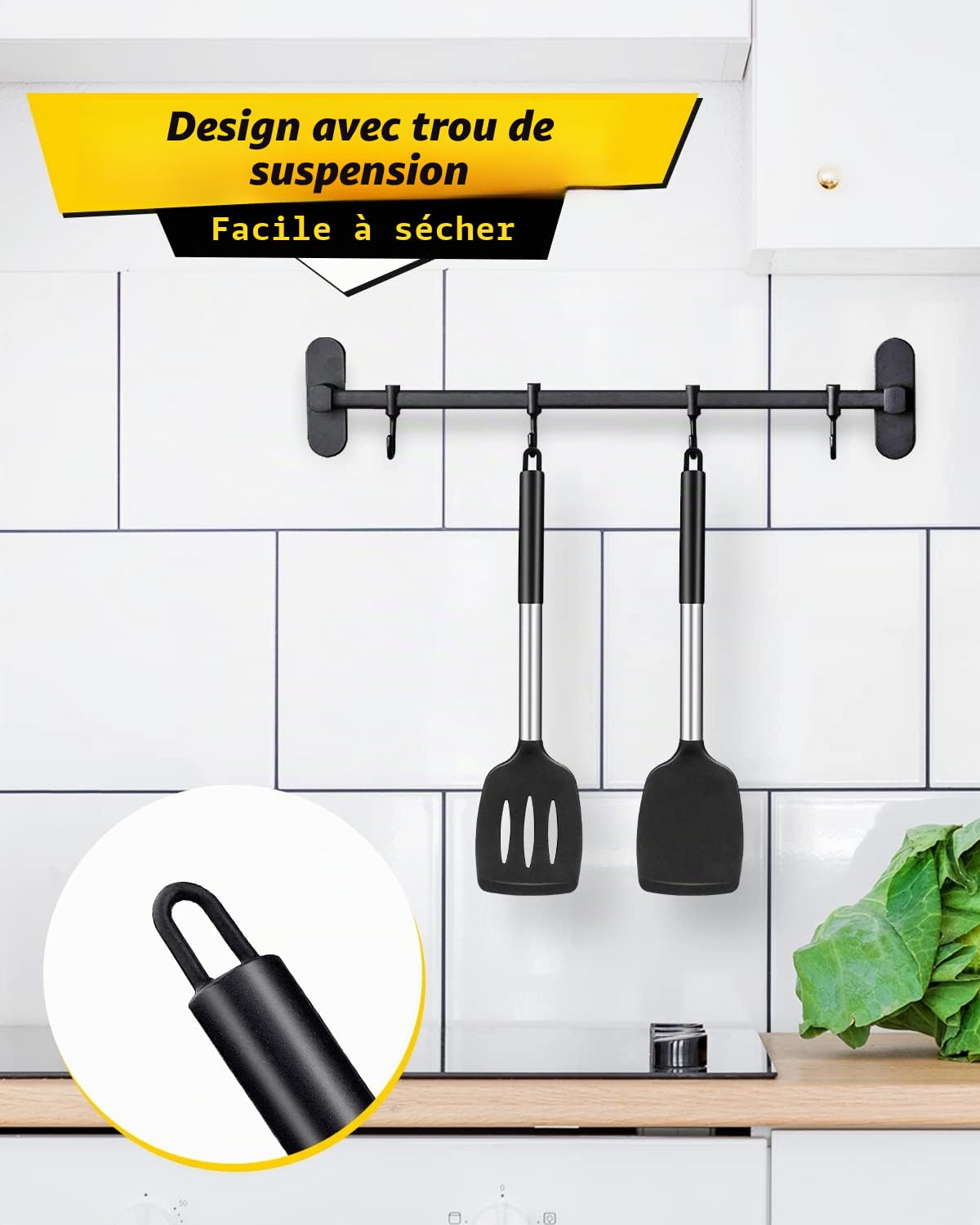 Lot de 2 spatules en silicone solides, spatules de cuisine fendues antiadhésives, ustensiles de cuisine sans BPA résistants à la chaleur élevée, ustensiles de cuisine