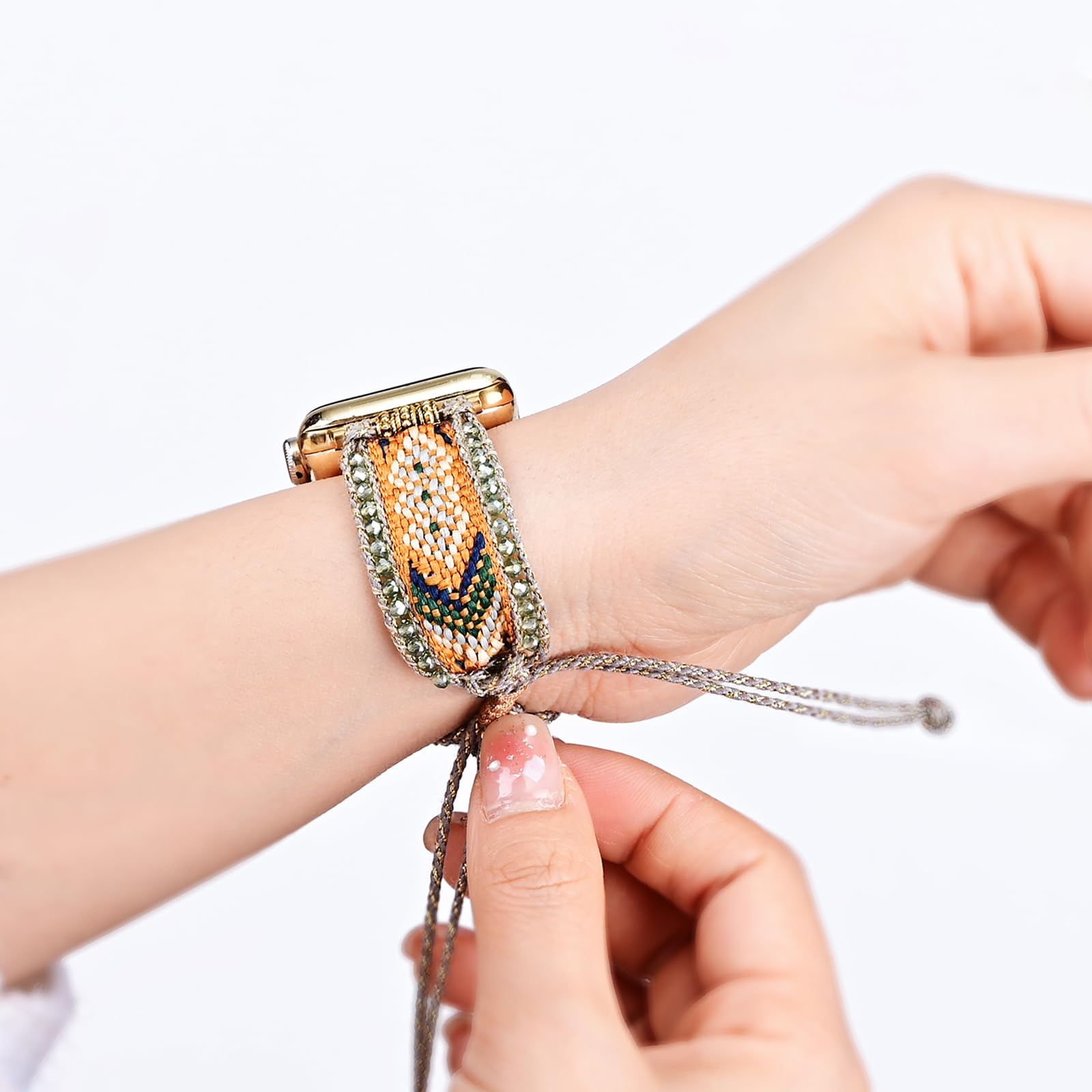Bracelet en nylon tressé style western bohème compatible avec Apple Watch 38 mm, 40 mm, 41 mm, 42 mm, 44 mm, 45 mm, 49 mm - Bracelet réglable avec perles pour iWatch Series 9 8 SE Ultra 7 6