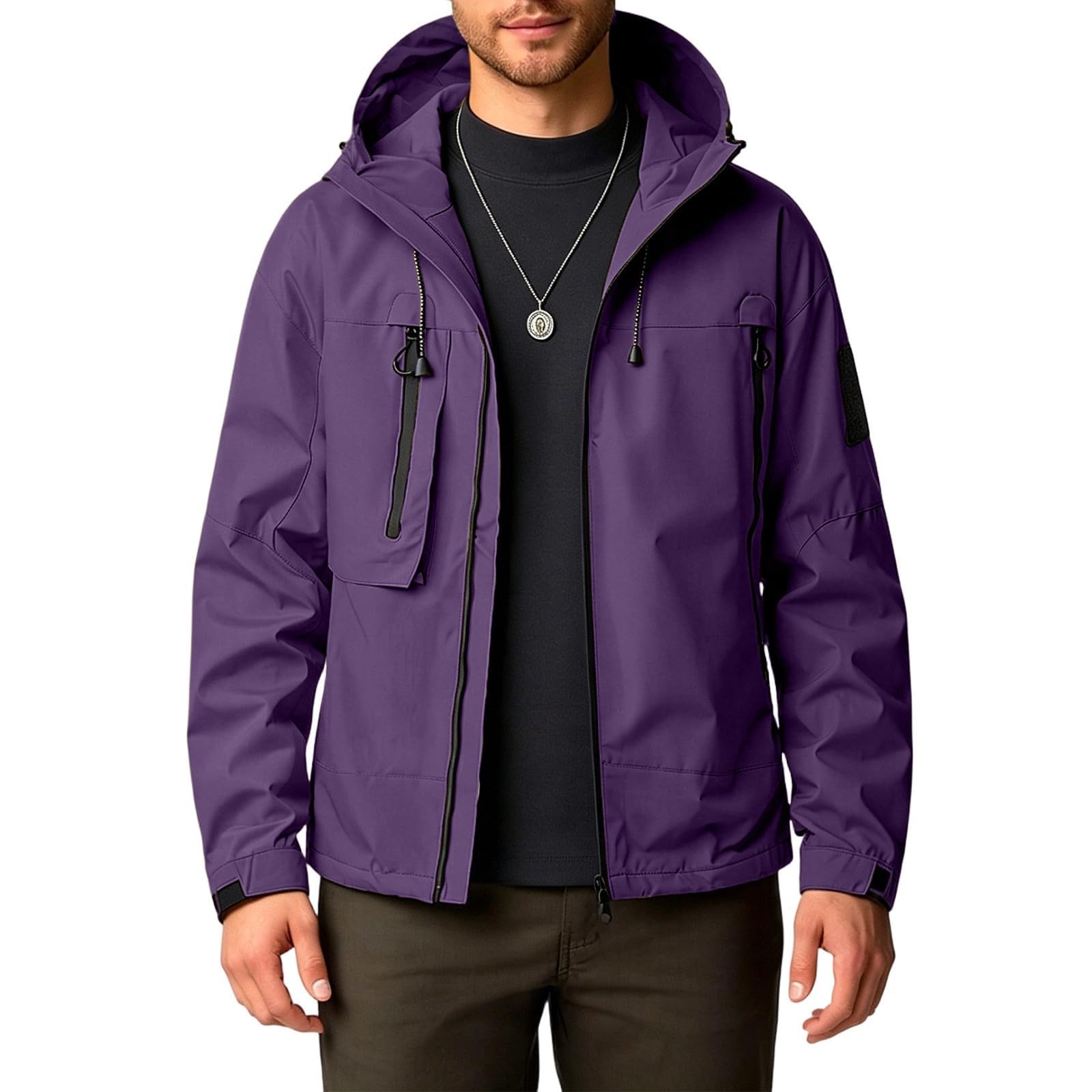 Generico Giacca a Vento Uomo Leggera con Cappuccio Stile Cargo Adatta Campeggio Pesca Ciclismo Escursioni e Viaggi Tessuto Impermeabile Traspirante Jacket