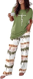 CHICME Womens Pajamas Sets 2 Piece Short Sleeve Lounge Set Printed Loose Pants Pj Sets Loungewear Set
