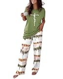 Womens Pajamas Sets 2 Piece Short Sleeve Lounge Set Printed Loose Pants Pj Sets Loungewear Set