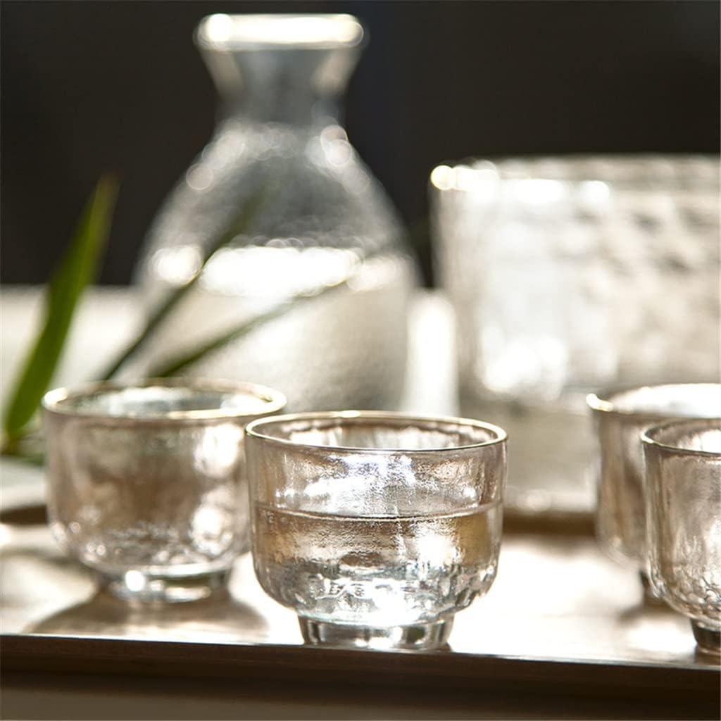 Japanese Sake Set Hammer Pattern Glass Gold Rimmed Cup Wine Warmer Cup Tequila Pot Whisky Cup Wine Set (Color : Clear, Size : 1 Set) (Clear 1 Set)