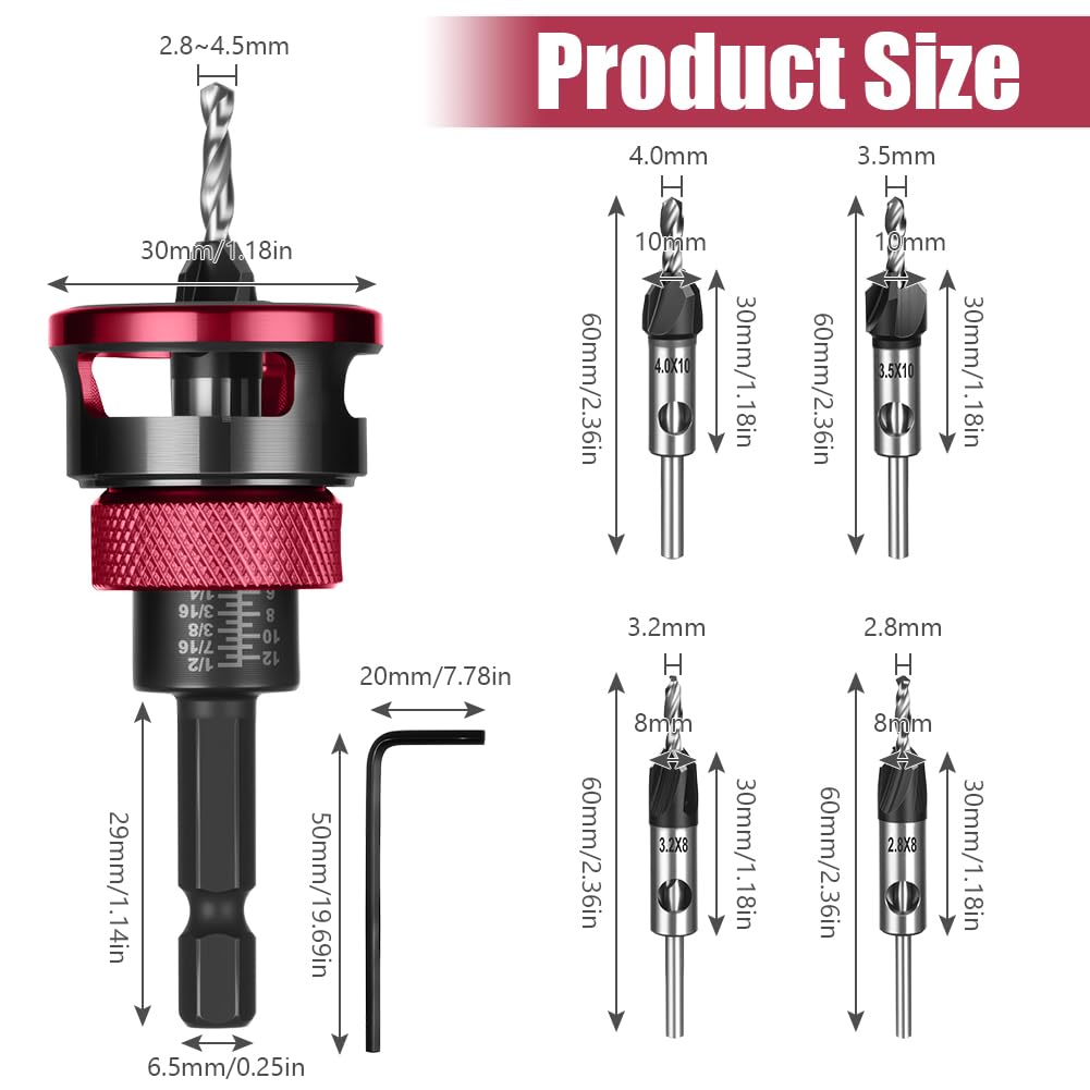 Juego de 6 Broca Avellanadora para Madera con Tope de Profundidad, Diámetro 2.8/3.2/3.5/4 mm,con Llave Hexagonal y Vástago de Broca de 1/4 de Pulgada,para Carpintería y Bricolaje(Rojo)
