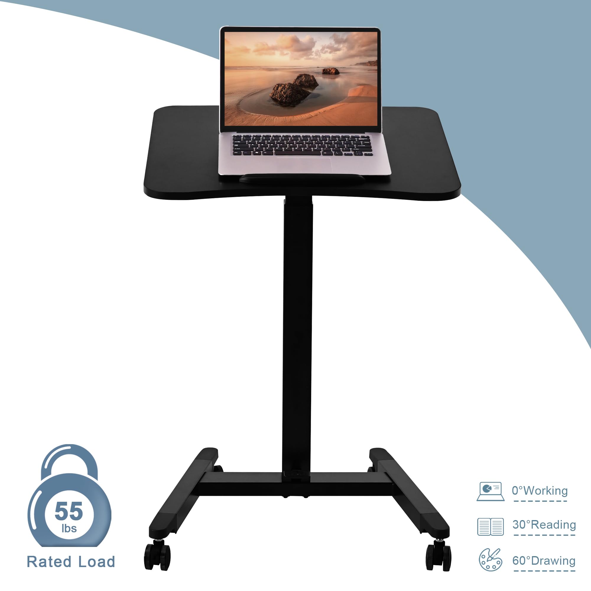 Fromann Mesa neumática ajustable para cama con ruedas, plegable, altura de elevación del pedal ajustable de 73,5 a 110 cm, para sala de estar, dormitorio (color negro)