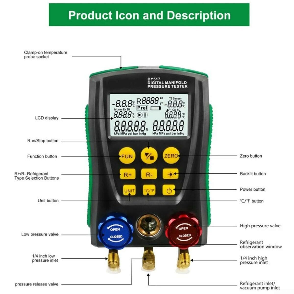 Manometro digitale per refrigerante DY517, con tester sottovuoto per R134a, R22, R12, R502, misuratore di pressione HVAC con display LCD e 60 refrigeranti (A)