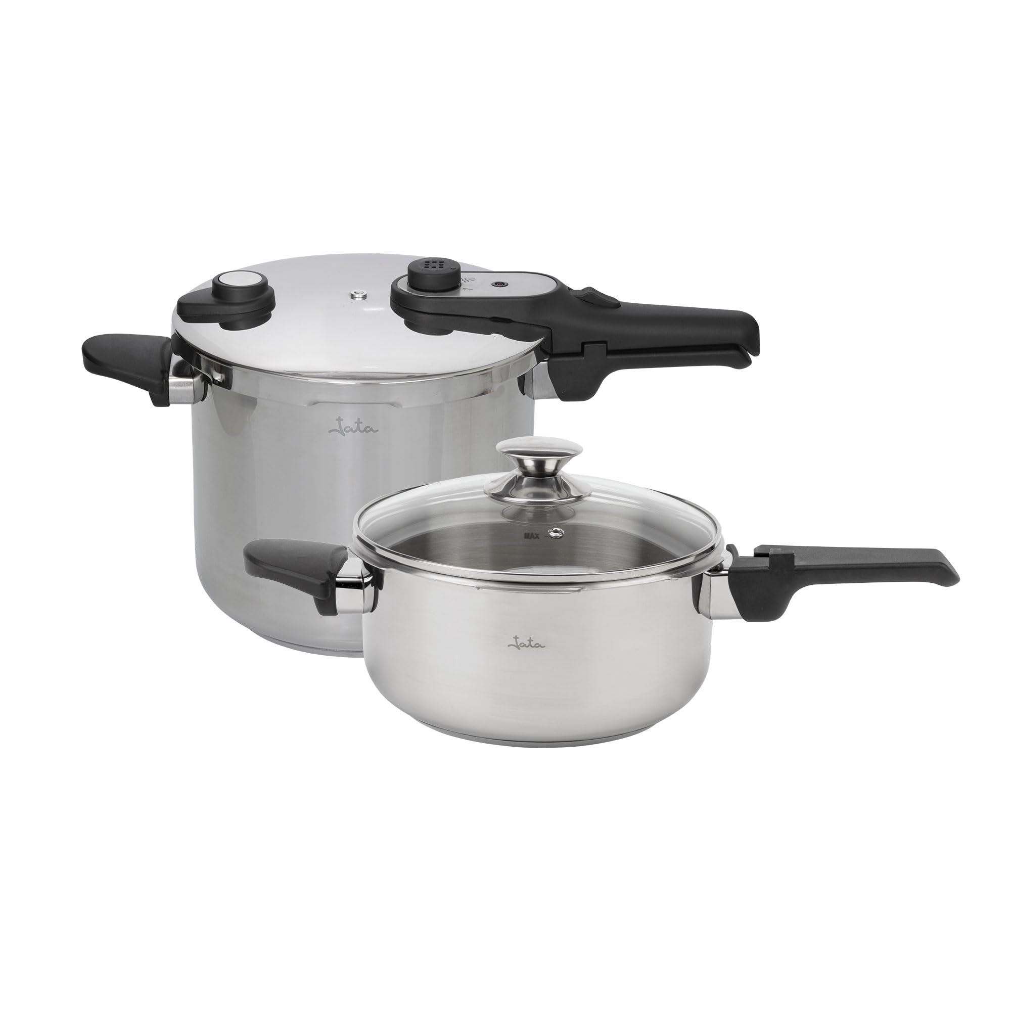 JATA HOGAR HOLL2547 - Ollas a Presión Express 4L + 7L Acero Inoxidable SUS304, Inducción, 2 Niveles de Presión, Triple Sistema de Seguridad, Tapa Cristal, Fondo Difusor