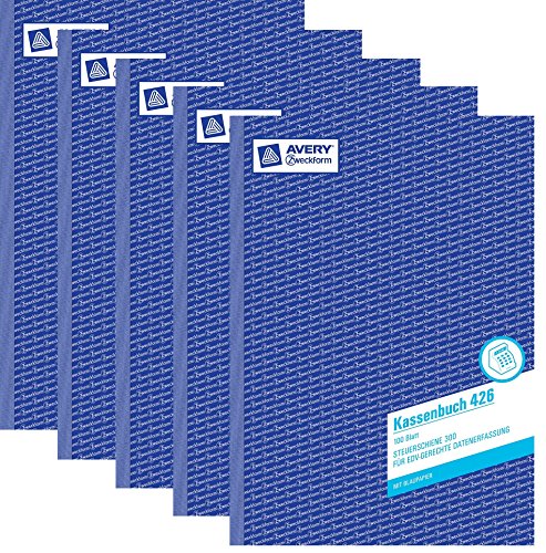 AVERY Zweckform 5x 426 Kassenbuch (A4, 100 Blatt, 1 Blatt Blaupapier, nach Steuerschiene 300, EDV-gerechte Datenerfassung, von Rechtsexperten geprüft, für DE, ordnungsgemäße Buchführung) weiß