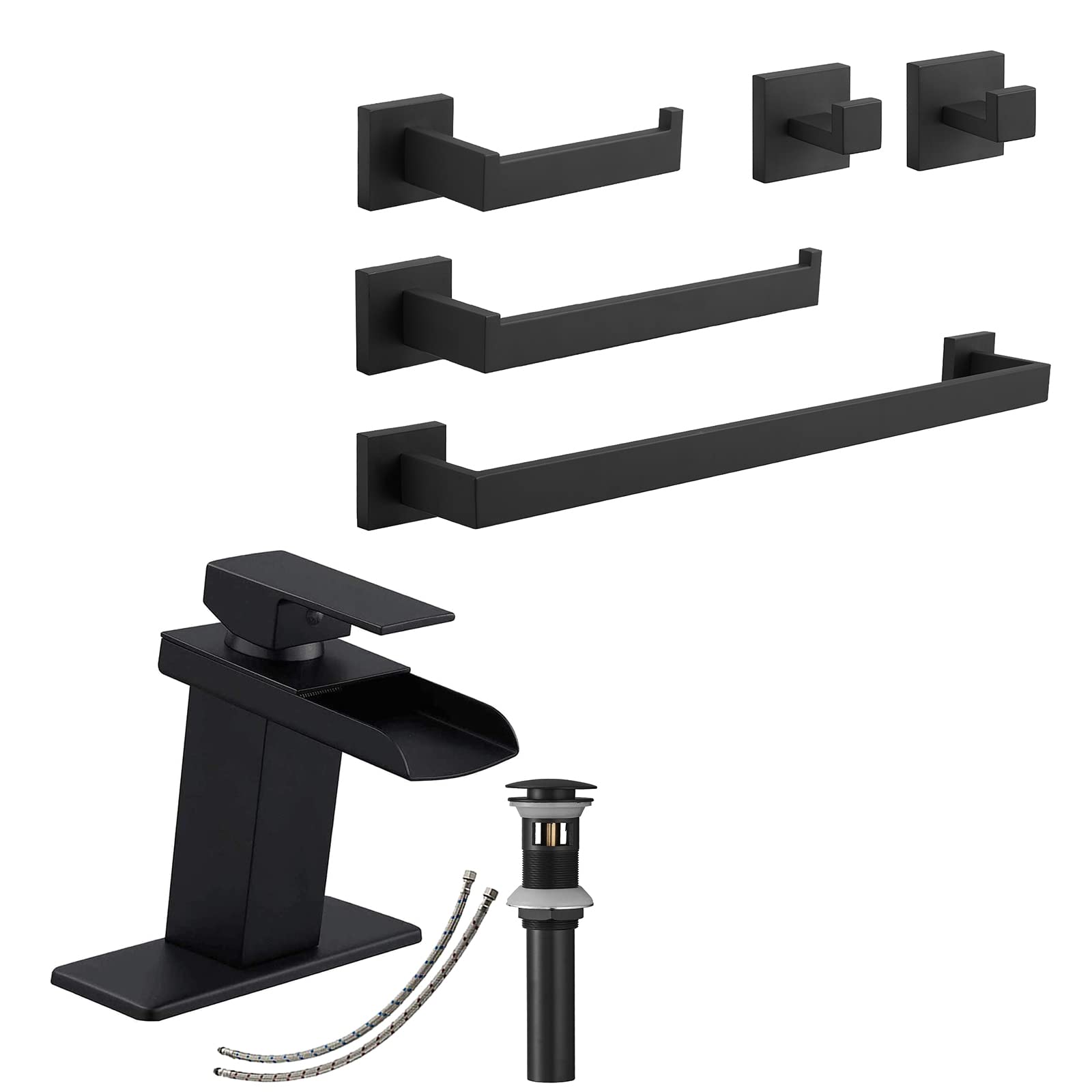 Nfusrxmbk Black Matte Bathroom Faucet Waterfall With Pop Up Drain And Matte Bathroom Hardware Set 5 Piece