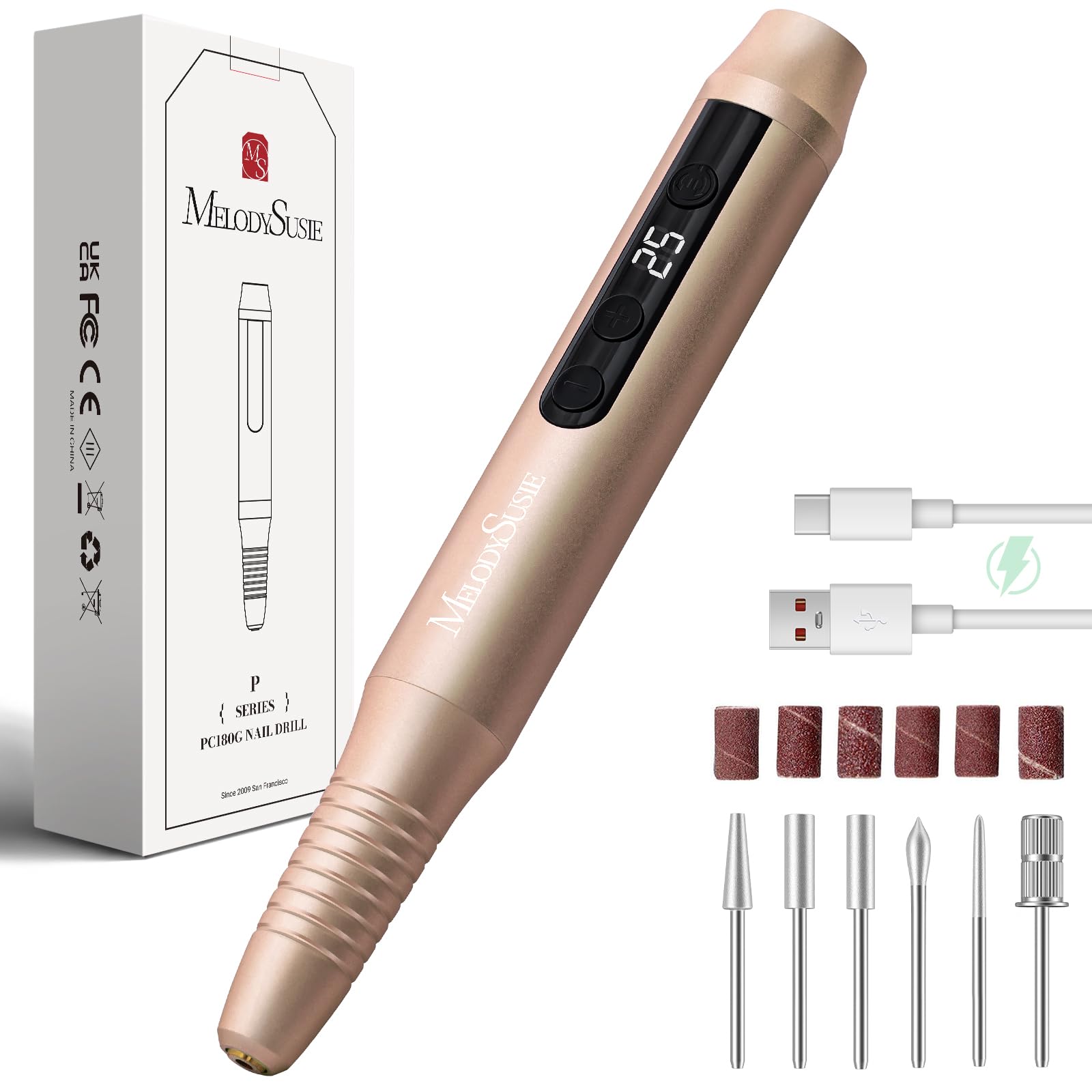 MelodySusie Kabellos Nagelfräser für Gelnägel, Elektrische Nagelfeile 25000 u/min, PC180G Professioneller Nail Drill mit 25 Geschwindigkeitsstufen und LED-Anzeige, Maniküre Pediküre Set