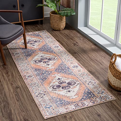 Bloom Rugs Washable 7 Feet Runner - Orange/Blue Beige, Distressed Runner For Entryways, Hallways And Kitchens #TOP1