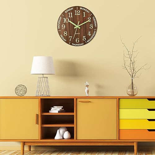 Miniatura 7 de WOOPHEN Reloj de pared luminoso de 12 pulgadas, de madera, silencioso, sin tictac, funciona con pilas, con día y semana para sala de estar,