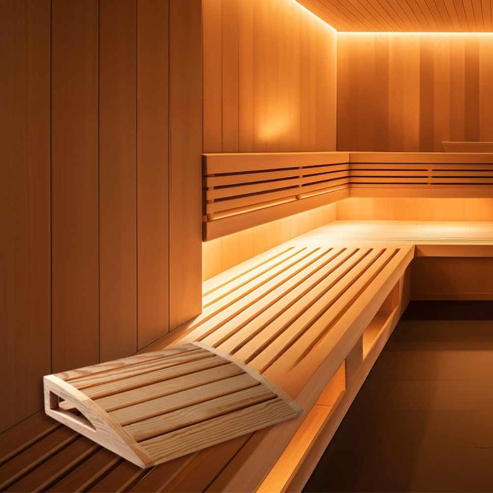 Reposacabezas de sauna de madera para relajación, diseño curvo ergonómico, acabado de grano natural, 38 x 31 x 7 cm, una sola pieza, compatible con la mayoría de saunas domésticas y
