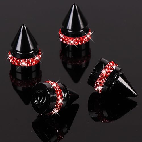 Miniatura 2 de ToBeQueen Tapones de válvula de color rojo brillante, paquete de 4 tapones de válvula de neumáticos hechos a mano con diamantes de imitación rojos