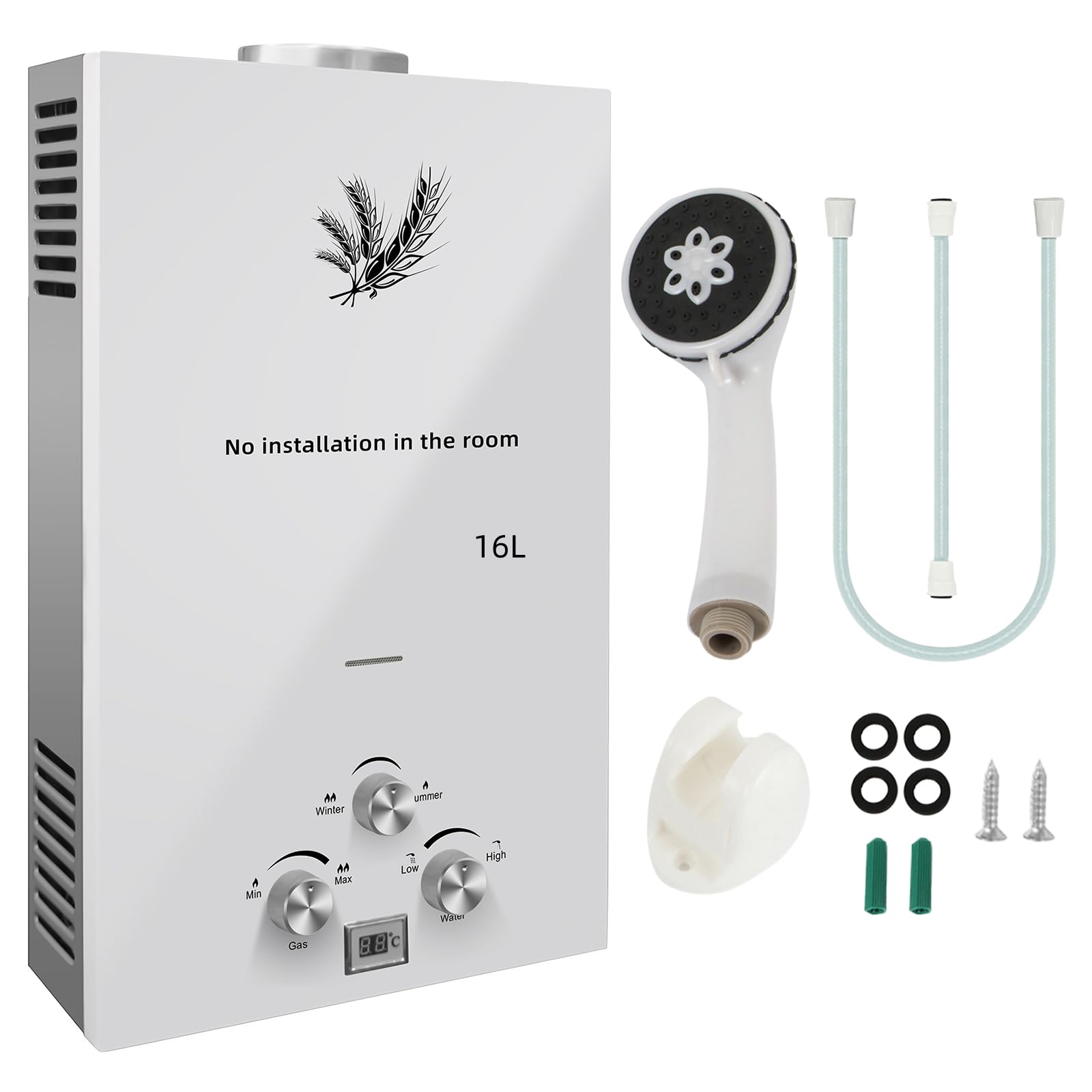 Scaldacqua istantaneo a gas da 16 l, con regolazione della temperatura ± 1 ℉, montaggio a parete salvaspazio per case vacanze, piccole case e docce in tutta la casa (LPG)
