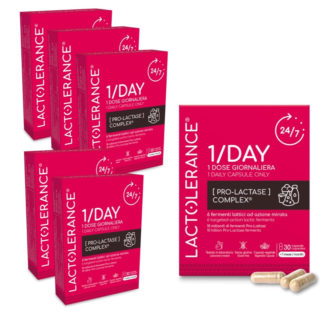 LACTOLERANCE 1/DAY Probiotici Precursori di Lattasi, 24h, 180 Capsule | 1 sola assunzione al giorno, protezione continua 24 ore su 24, fermenti lattici, confezione 6 mesi