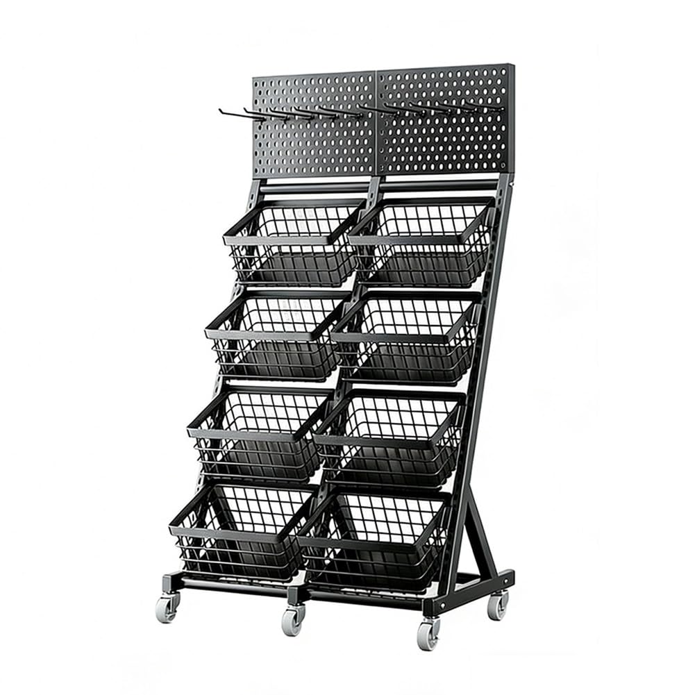 Espositore per vendita al dettaglio, scaffale in metallo a 3/4 ripiani con ruote, supporto organizer per snack e ganci per supermercato o cucina di casa, facile da spostare e organizzare