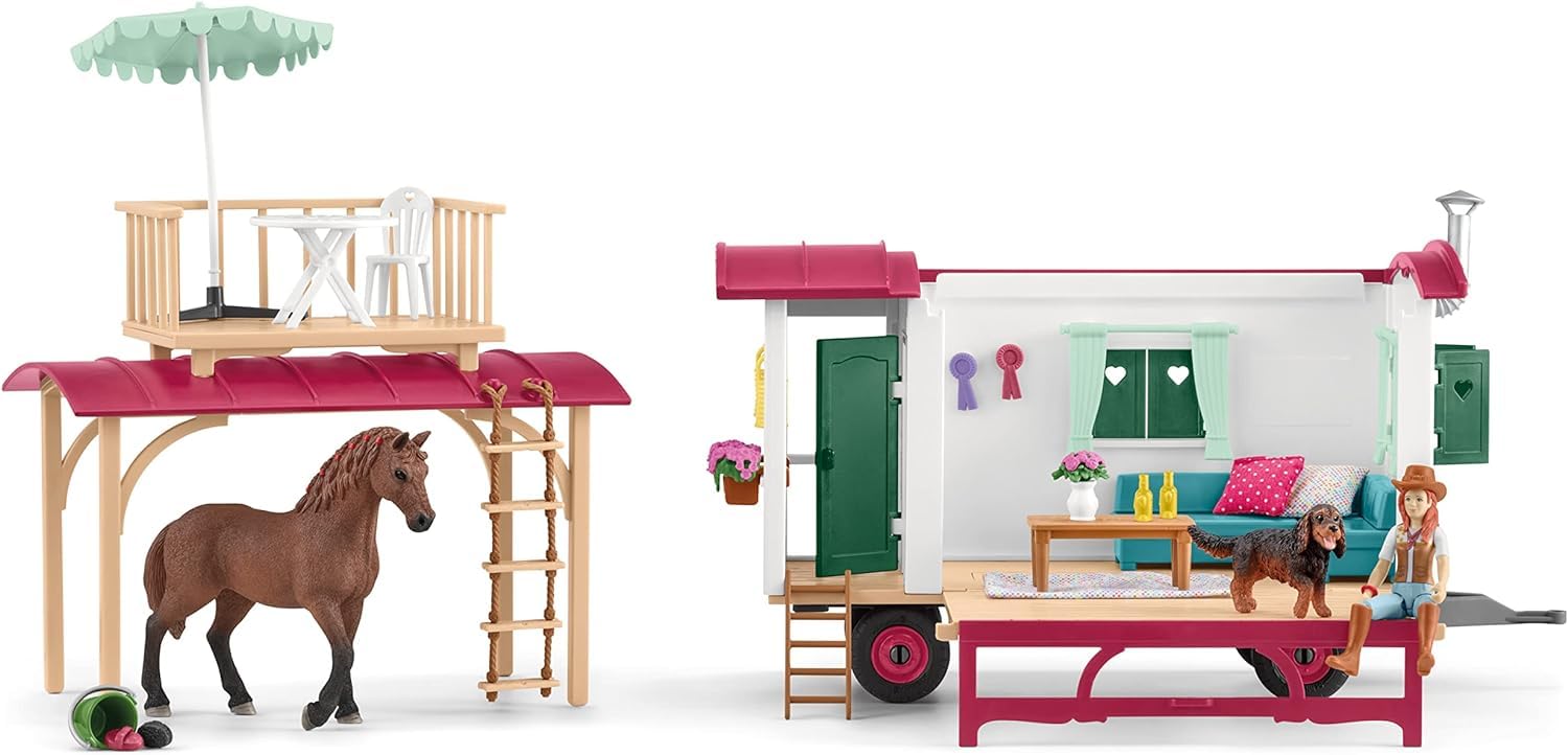 schleich HORSE CLUB | Przygoda z przyczepą kempingową 72205 | Zestaw z przyczepą, SUV-em, 2 figurkami, koniem i psem | Akcesoria dla koni schleich | Zabawka od 5 lat | 113 elementów | tylko na Amazon | Zestaw z przyczepą kempingową, SUV-em, 2 figurkami, k