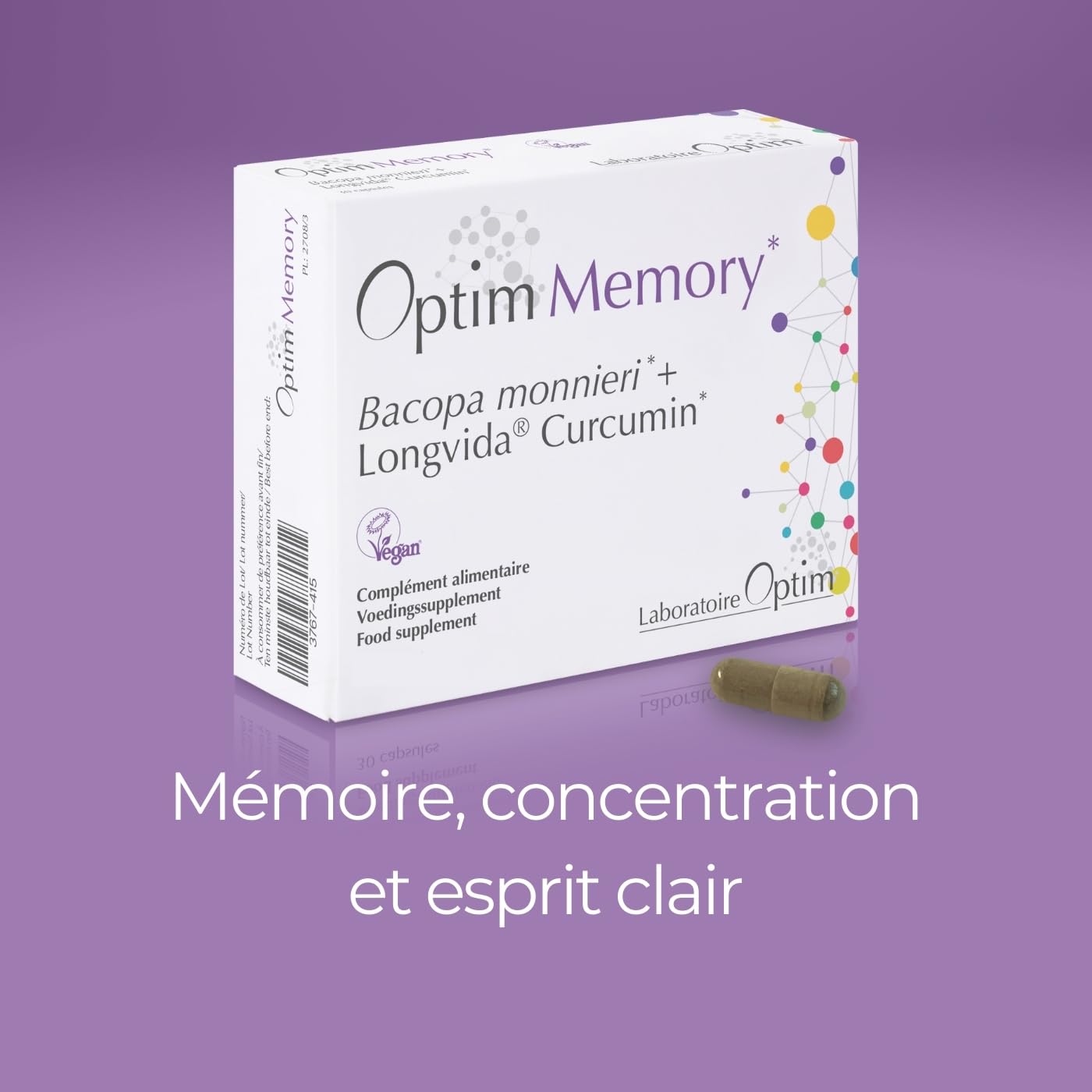 OPTIM Memory Bacopa Monnieri Brahmi et Curcumine Longvida 90 Gélules | Capsules concentration mémoire pour adulte adolescent ou étudiant, Complément alimentaire