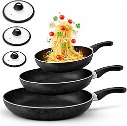 BAKAJI Set 6 Pezzi Padelle in Alluminio con Coperchio in Vetro, Adatto ad Ogni Tipo di Piano Cottura, Pentola Antigraffio, Padella con Manico Ergonomico per Cucinare in Maniera Sana (Nero)