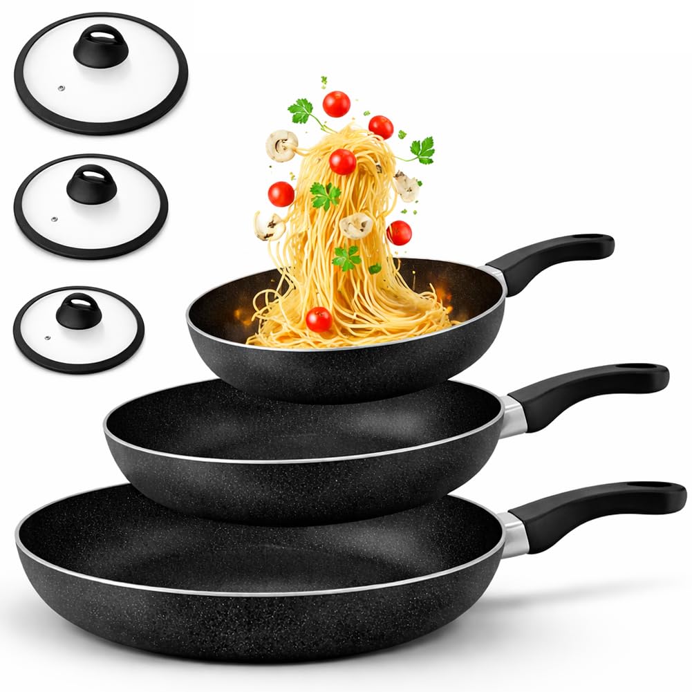 BAKAJI Set 6 Pezzi Padelle in Alluminio con Coperchio in Vetro, Adatto ad Ogni Tipo di Piano Cottura, Pentola Antigraffio, Padella con Manico Ergonomico per Cucinare in Maniera Sana (Nero)