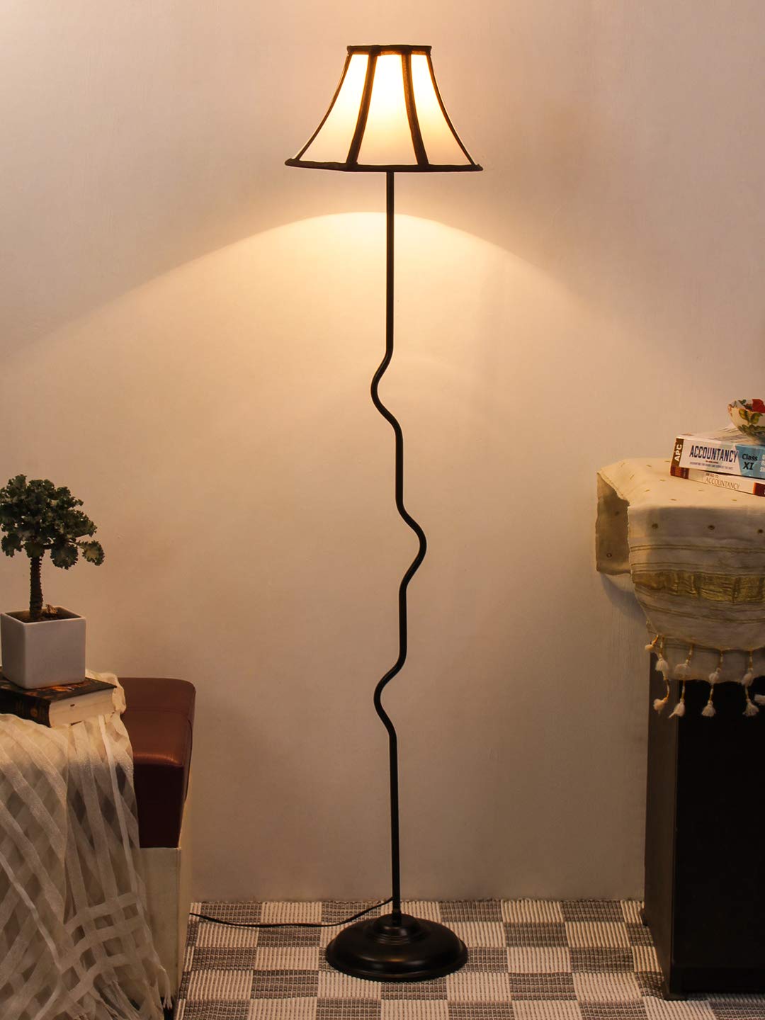 Devansh Soft Back Multicolor Cotton Shade Floor Lamp with Black Base-image-0