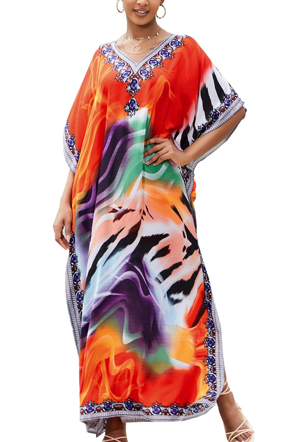 YouKD Women's Summer Bohemian Long Kaftan Ethnic Pattern Maxi Dress Beach Bikini Cover Ups Sunblock