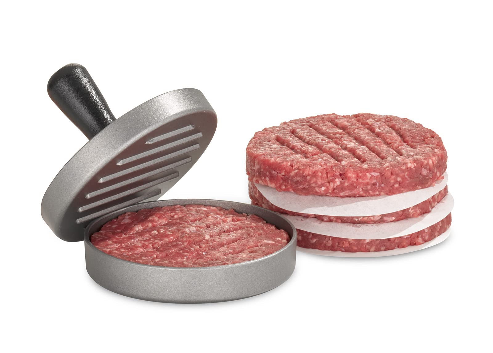 Buddy's BBQ prasa do burgerów, hamburgerów, burgerów paatties, hamburgerów, sokowirówka, nieprzywierająca, aluminium, uchwyt z polipropylenu, w zestawie 100 arkuszy papieru, Ø 12 cm na zewnątrz