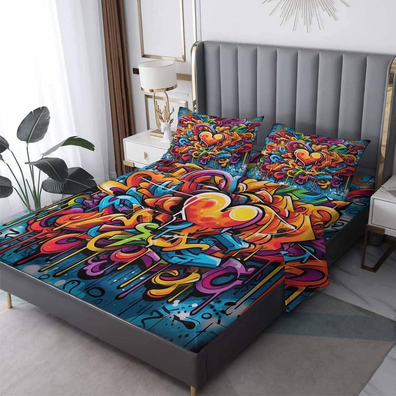Graffiti Sheets California King - Sábanas coloridas de hip hop, microfibra suave, bolsillo profundo, sábanas y fundas de almohada estampadas sin