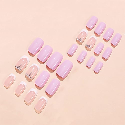 Miniatura 4 de SWEKKE Uñas postizas cuadradas medianas con punta francesa, uñas postizas de cobertura completa rosa con diseños de diamantes de imitación rosados,