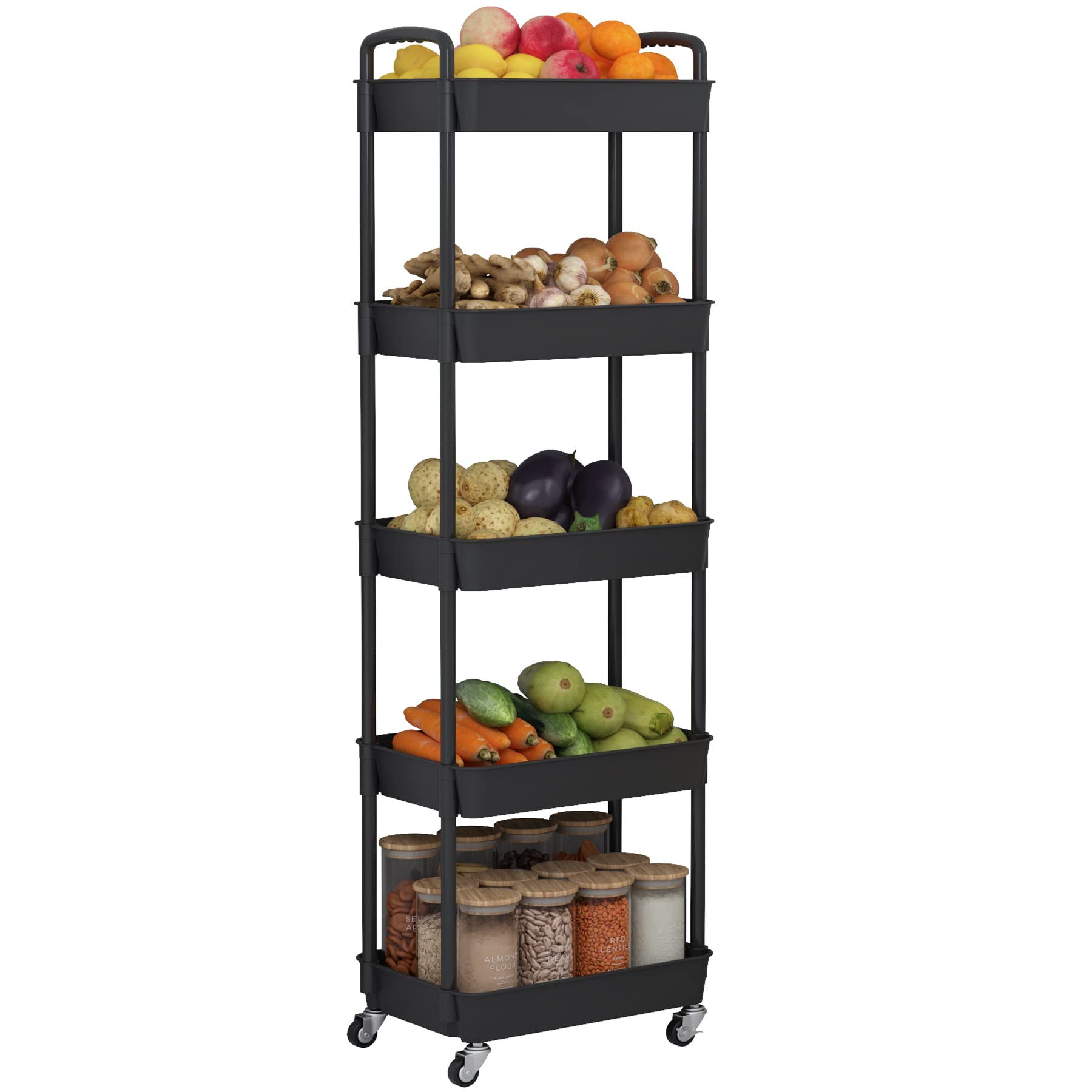 JIUYOTREE 5-Tier Rolling Storage Cart Utility Cart with Lockable Wheels for Living Room Bathroom Kitchen Office Black