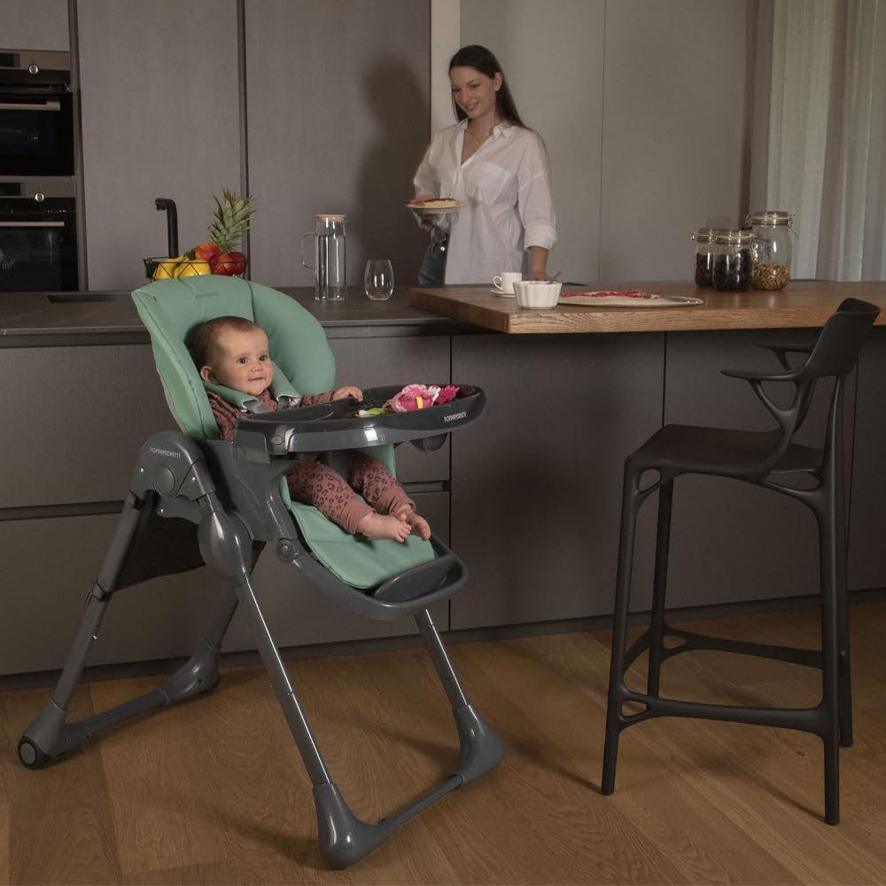 Foppapedretti Krzesełko Gourmand dla dzieci w wieku od 6 miesięcy do 3 lat (do 15 kg), lekkie i kompaktowe, miękka wyściółka zdejmowana i nadająca się do prania, wielopozycyjna, kosz na przedmioty,
