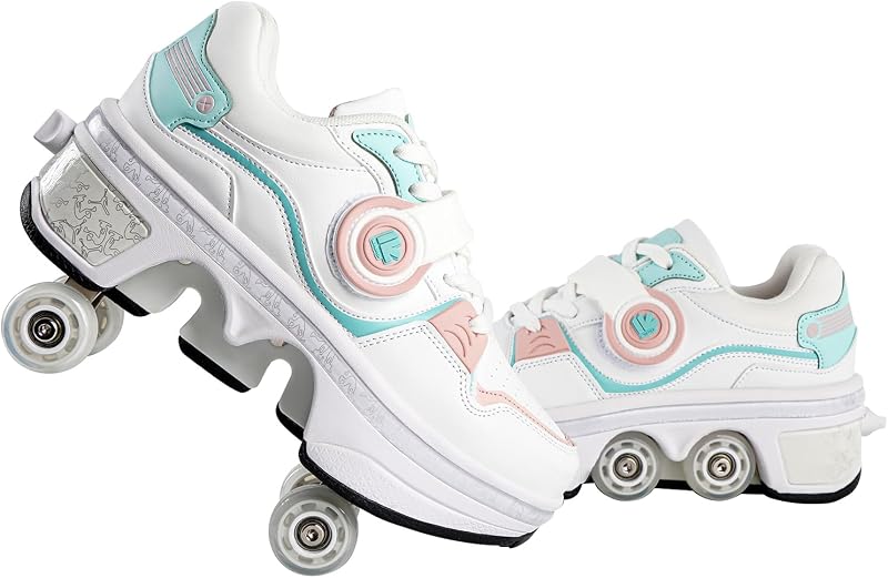 Zapatos de patinaje sobre ruedas 2 en 1: patines de ruedas retráctiles unisex con 4 ruedas, zapatos de patinaje para diversión en interiores y exteriores
