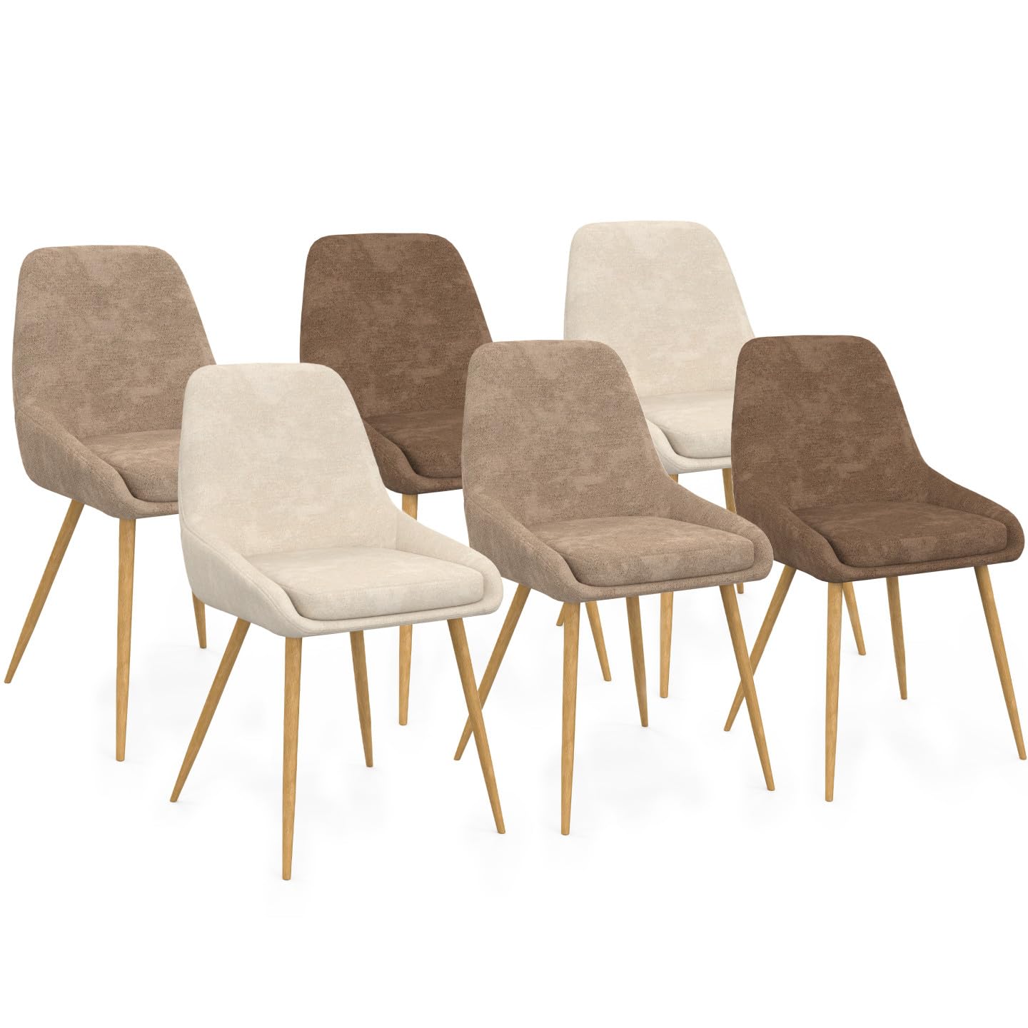 IDMarket - Lot de 6 chaises THALYA en Tissu Chenille Mix Color Taupe x2, Beige x2, Marron x2 et Pieds Effet Bois avec accoudoirs